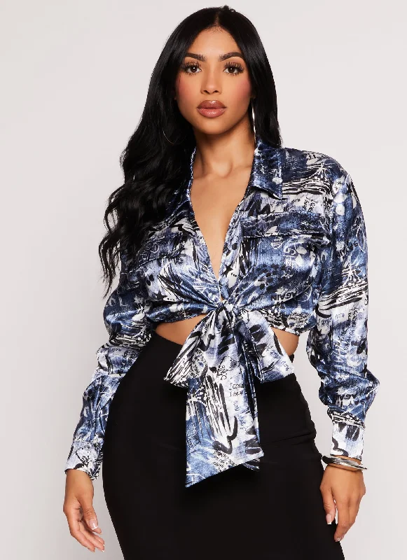 Satin Printed Long Sleeve Tie Front Blouse