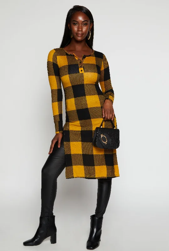 Plaid Side Slit Long Sleeve Tunic Top