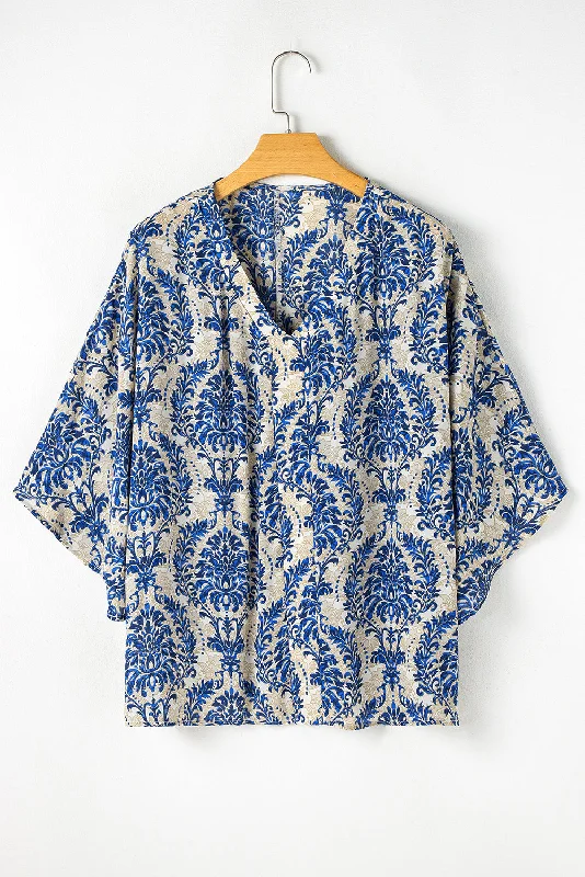 Plus Size Ethnic Printed 3/4 Sleeve V Neck Loose Blouse