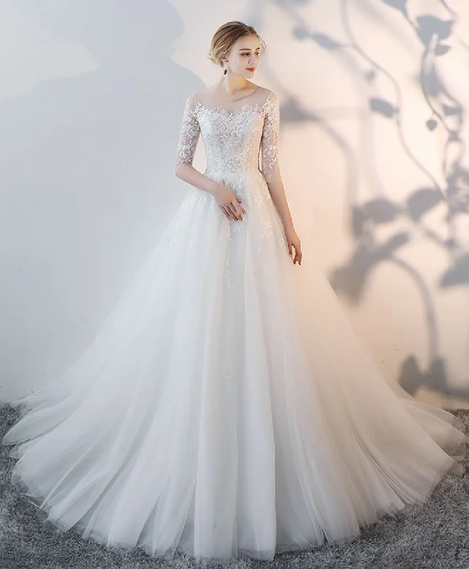 White Round Neck Tulle Lace Long Bridal Gown Lace Wedding Dress