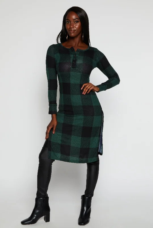 Plaid Side Slit Long Sleeve Tunic Top