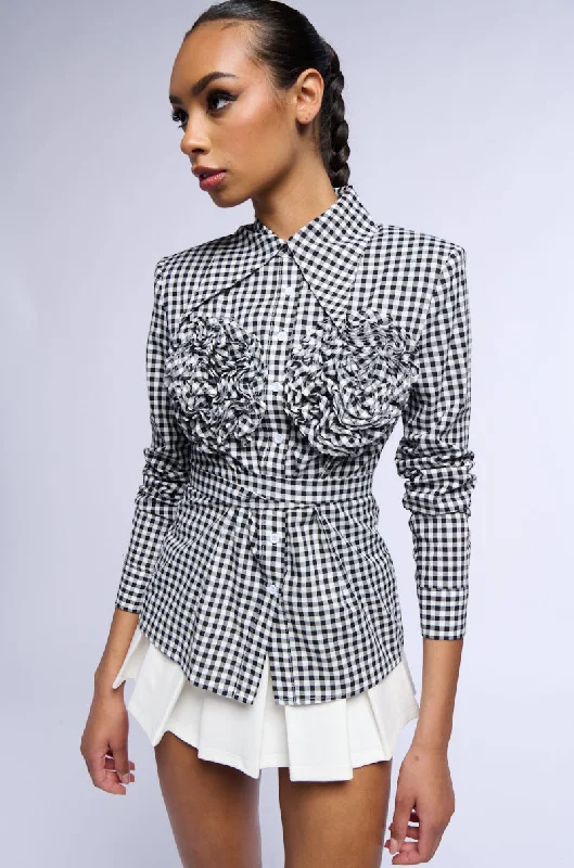 AMINA GINGHAM COLLARED LONG SLEEVE BLOUSE