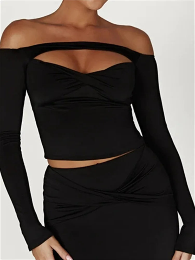 FashionSierra - Front Cutout Sexy Long Sleeve Streetwear Slash Neck Off Shoulder Bodycon Solid Tee