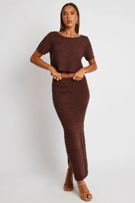 Brown Knit Skirt Crochet High Rise