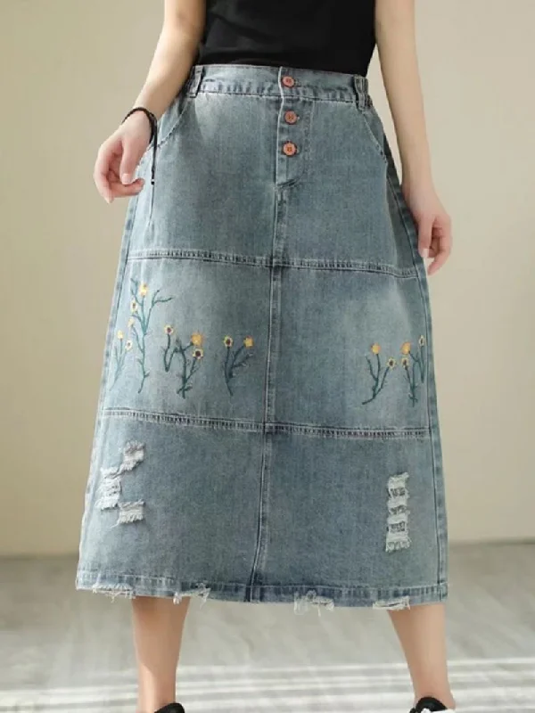 Casual Denim Mid-calf Button Hole Patchwork Skirt