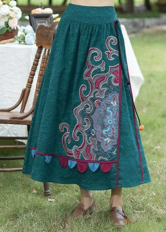 Elegant Green Wrinkled Embroideried Patchwork Linen Skirts Spring