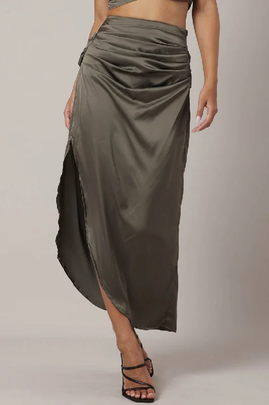 Green Ruched Maxi Skirt Draped Satin Skirt