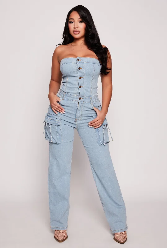 Daisy Denim Cargo Strapless Jumpsuit