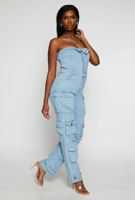 Daisy Denim Strapless Button Front Cargo Jumpsuit