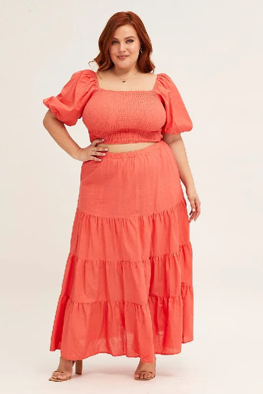 Orange Maxi Skirt High Waist Tiered