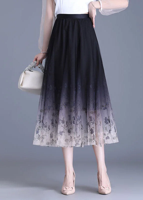 Beautiful Black Gradient Wrinkled Print High Waist Tulle Skirts Summer