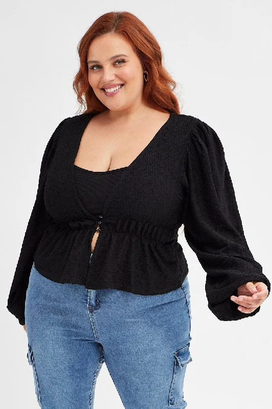 Black Button Top Textured Jersey V-neck