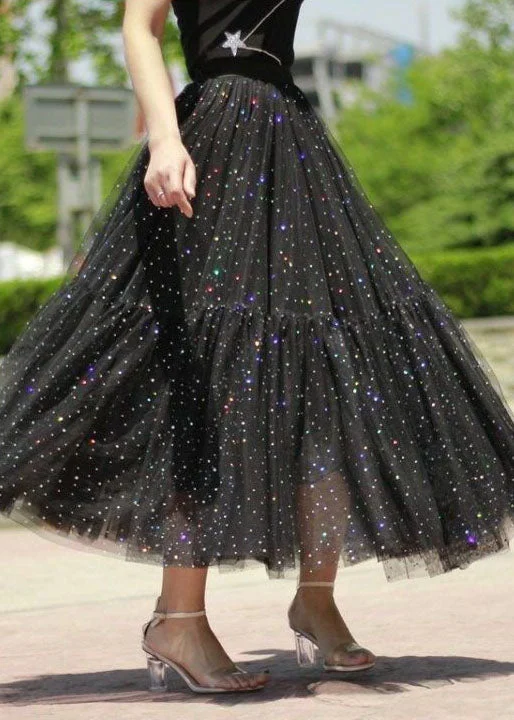 Bohemian Black Wrinkled Sequins Patchwork Tulle Skirt Spring