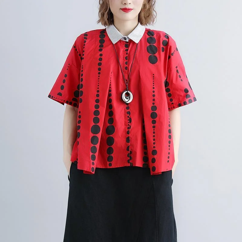 brief summer cotton tops oversize Women Polo Neck Casual Summer Short Sleeve Dots Red Blouse