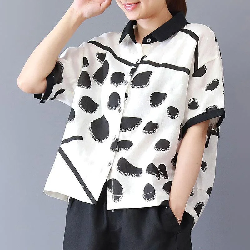 brief summer t shirt plus size clothing Summer Dots Short Sleeve polo Neck Loose White Blouse