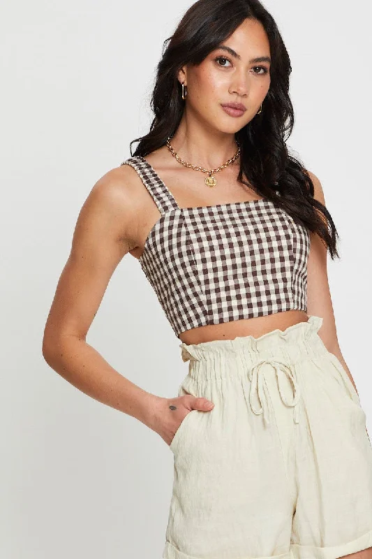 Check Crop Top Sleeveless Square Neck