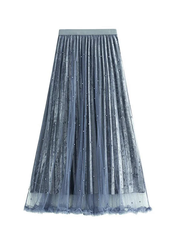 Elegant Grey Blue Elastic Waist Silk Velour Skirts Spring