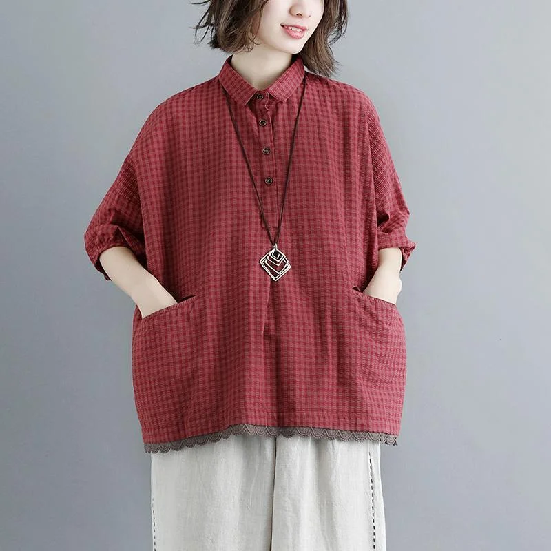 fashion pure cotton blouse oversize Summer Short Sleeve Plaid polo Neck Wine Red Casual Lacing Pockets Blouse