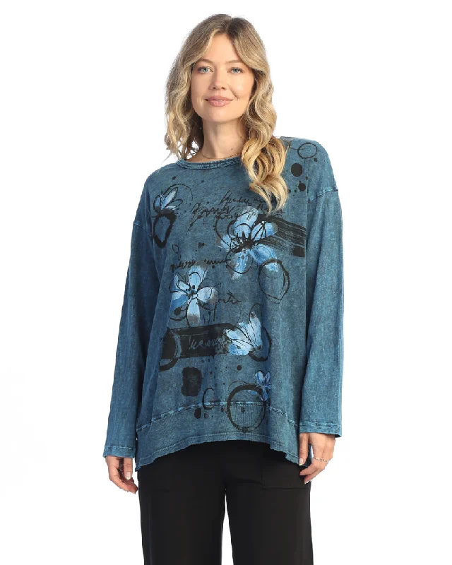 Jess & Jane "Poppies" Mineral Washed Tunic Top w/ Slub Rib Contrast- M128-2044