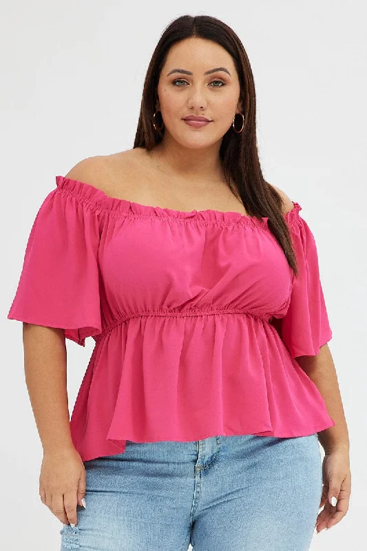 Pink Bardot Top Short Sleeve Off Shoulder