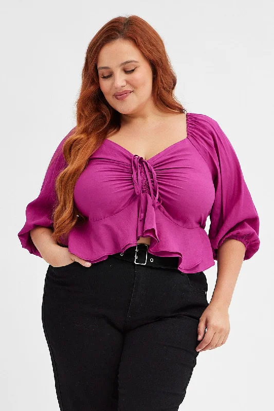 Purple Peplum Top Three Quater Sleevec Ruched