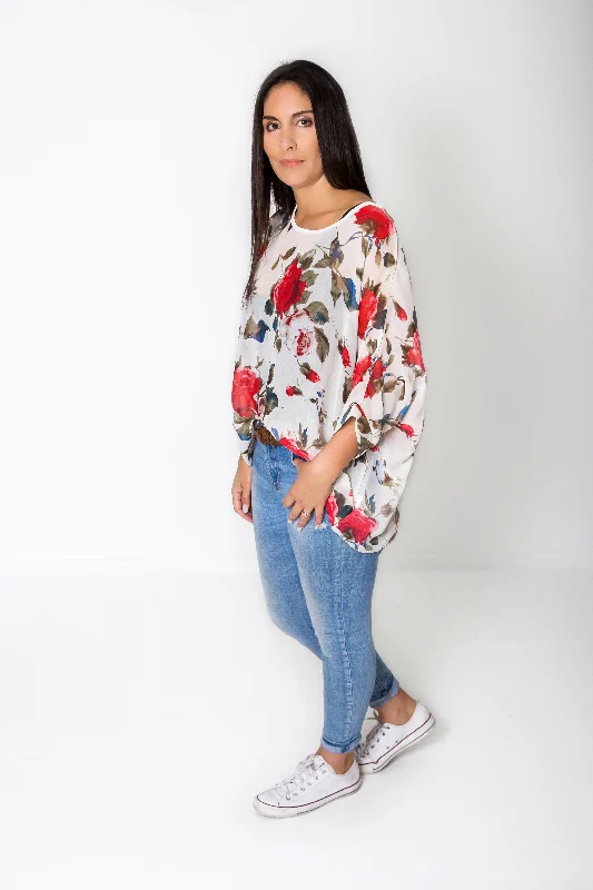 Cream Rose Draped Tops - Floral Collection