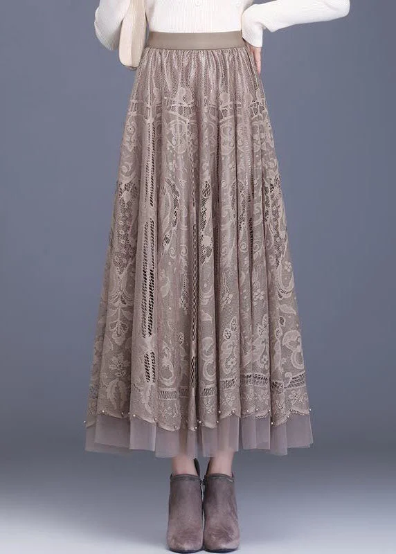 Style Khaki Wrinkled Tulle Patchwork Hollow Out Lace Skirt Spring