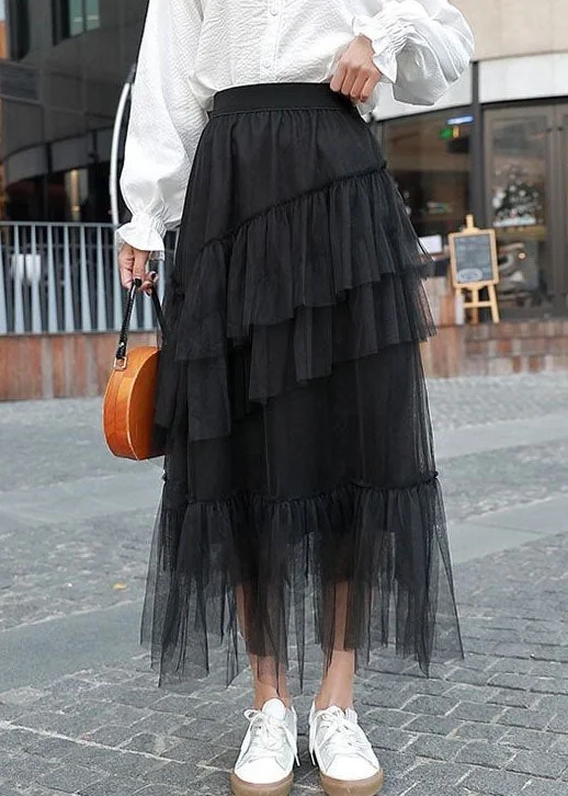 Unique Black Ruffled Layered Patchwork Tulle Skirts Summer