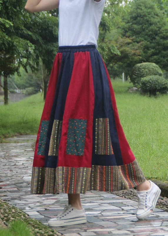 Women Colorblock Wrinkled Print Patchwork Elastic Waist Cotton Skirts Spring