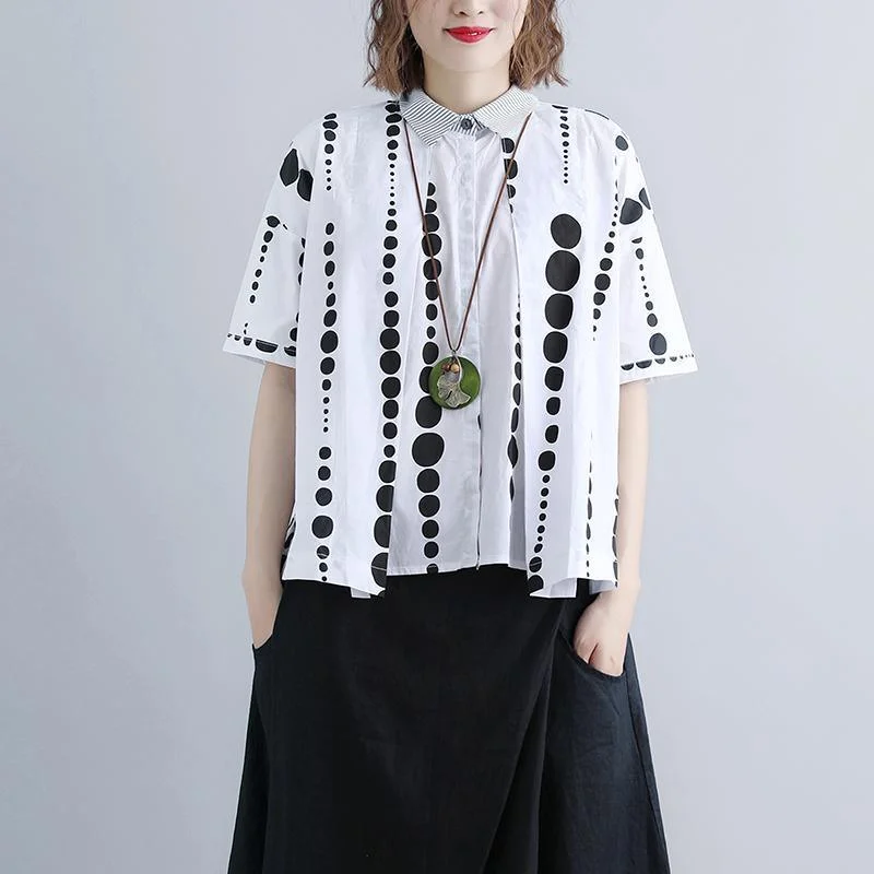 Women Polo Neck Casual Summer Dots Blouse Short Sleeve