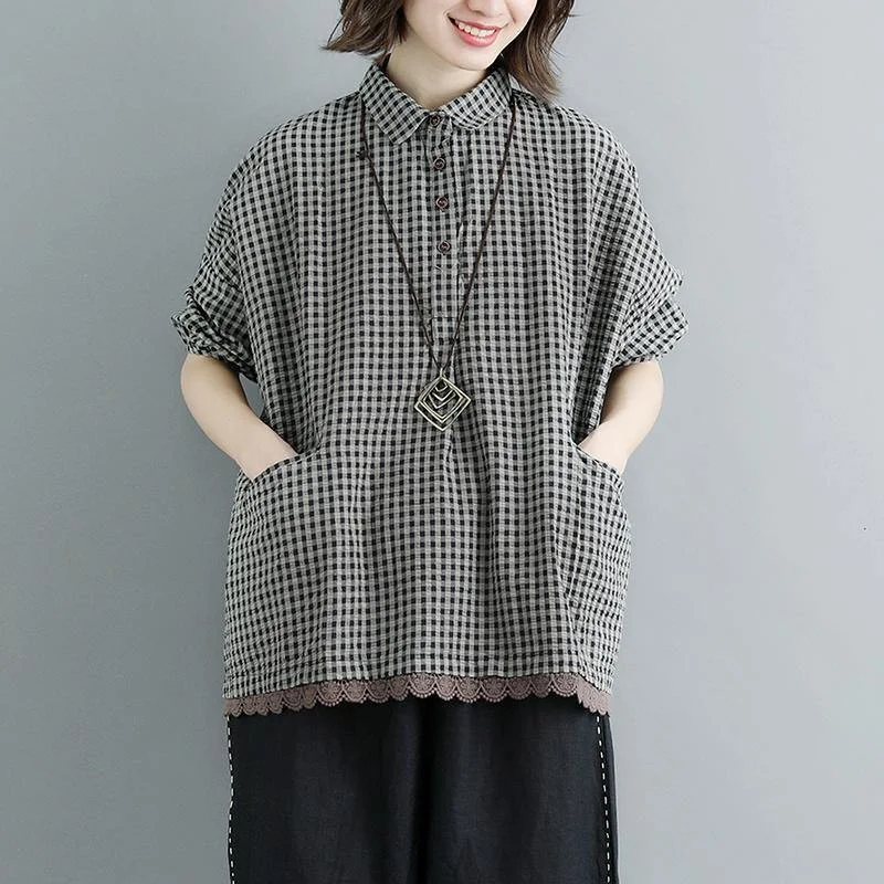 women summer cotton tops oversize Summer Short Sleeve plaid polo Neck Casual Lacing Pockets Blouse