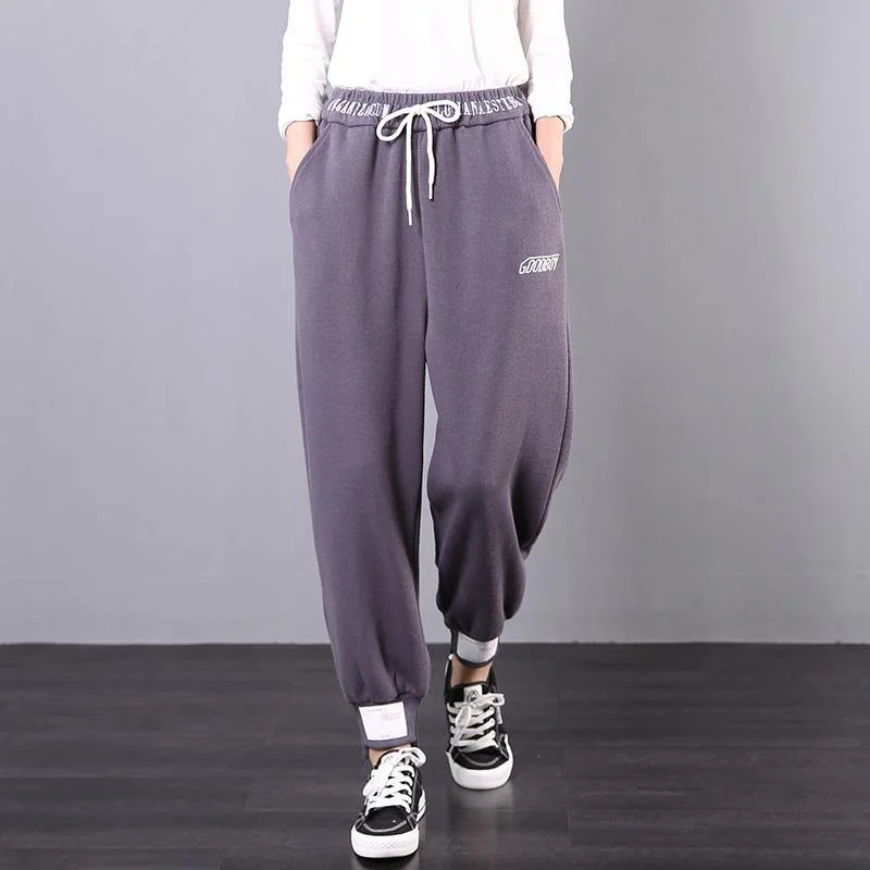 Elegant fall fashion gray embroidery Cotton elastic waist wild pants