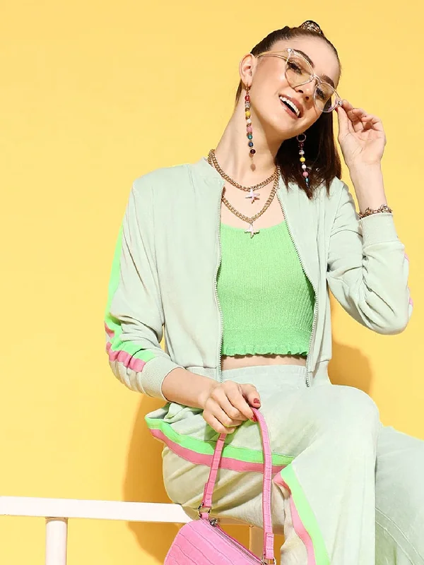 Women Sea Green Velour Crop Jacket