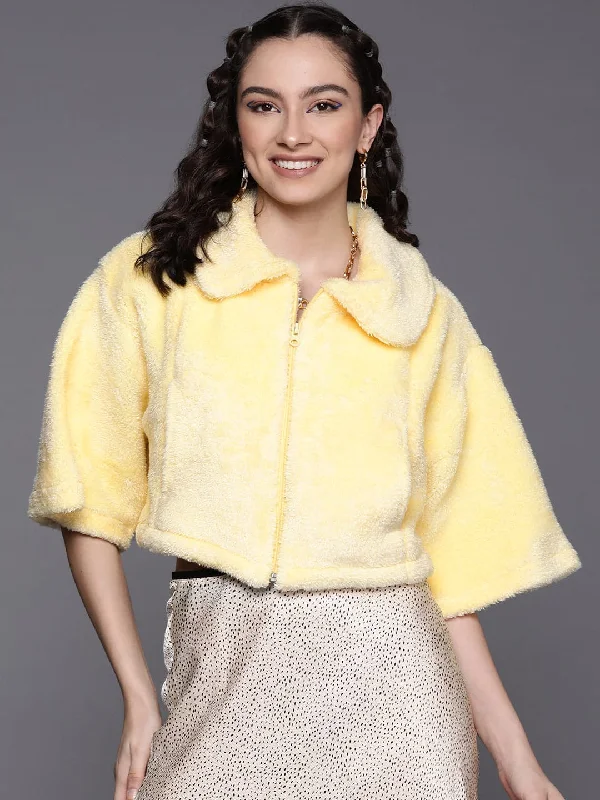 Women Yellow Crop Faux Fur Jacket