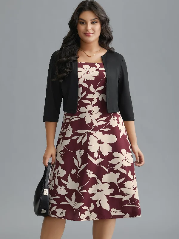 2-In-1 Floral Print Color Contrast Dress