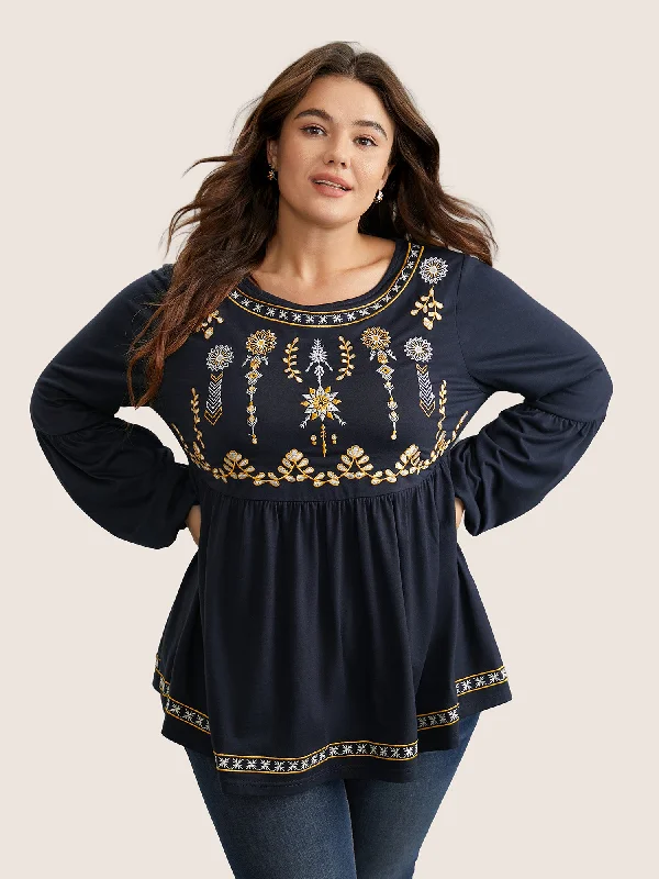 Bandana Embroidered Round Neck Lantern Sleeve T-shirt