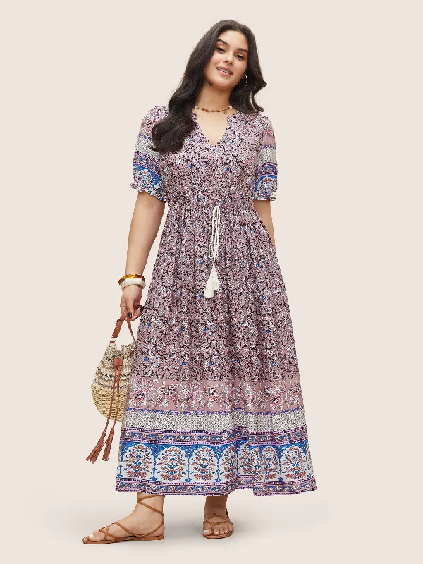 Boho Print Notched Ties Tassel Trim Dress