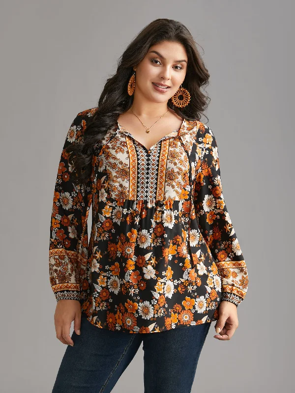 Boho Print Tie Knot Lantern Sleeve Blouse