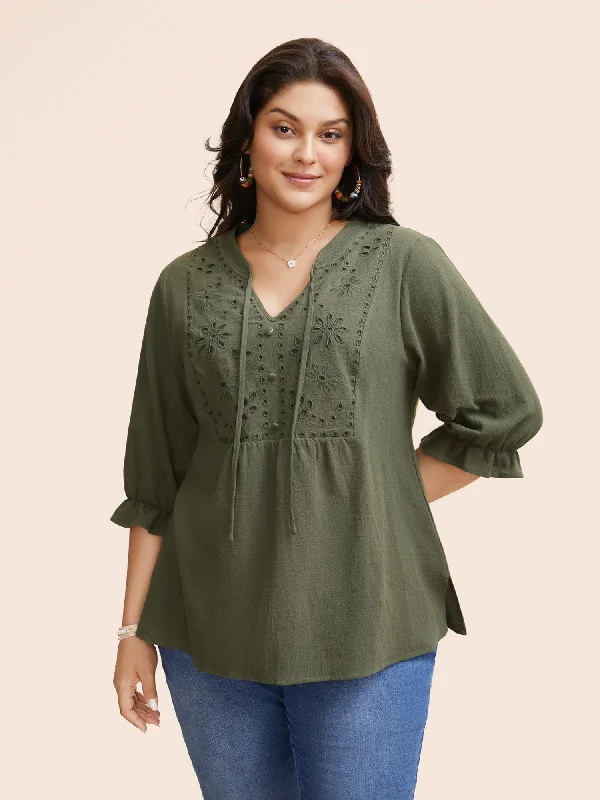 Broderie Anglaise Tie Knot Lantern Sleeve Blouse