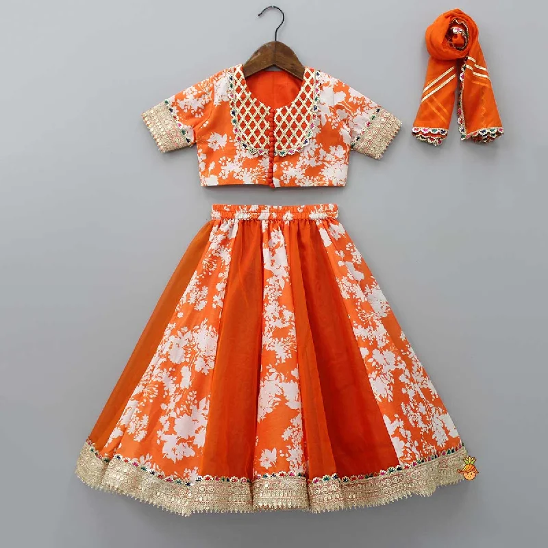 Checks Detail Yoke Orange Top And Floral Printed Lehenga With Organza Dupatta