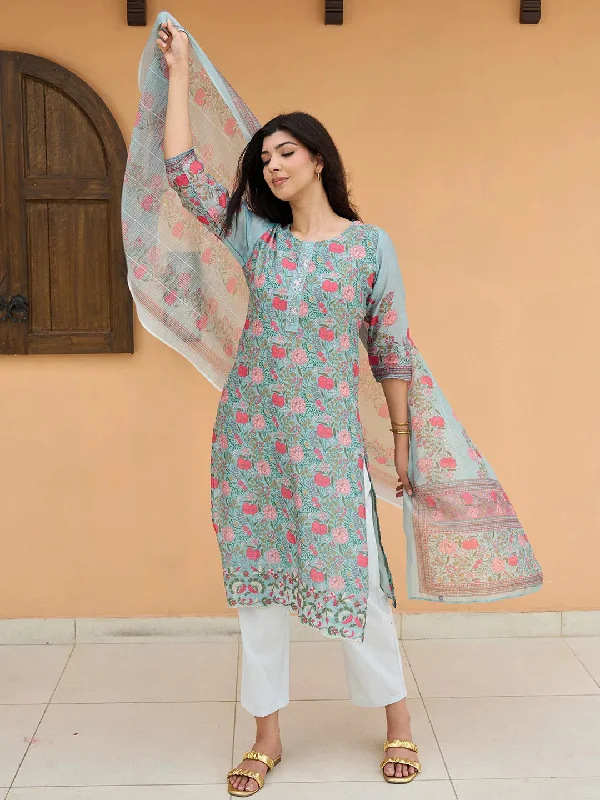 Green Printed Chanderi Silk Straight Suit With Dupatta