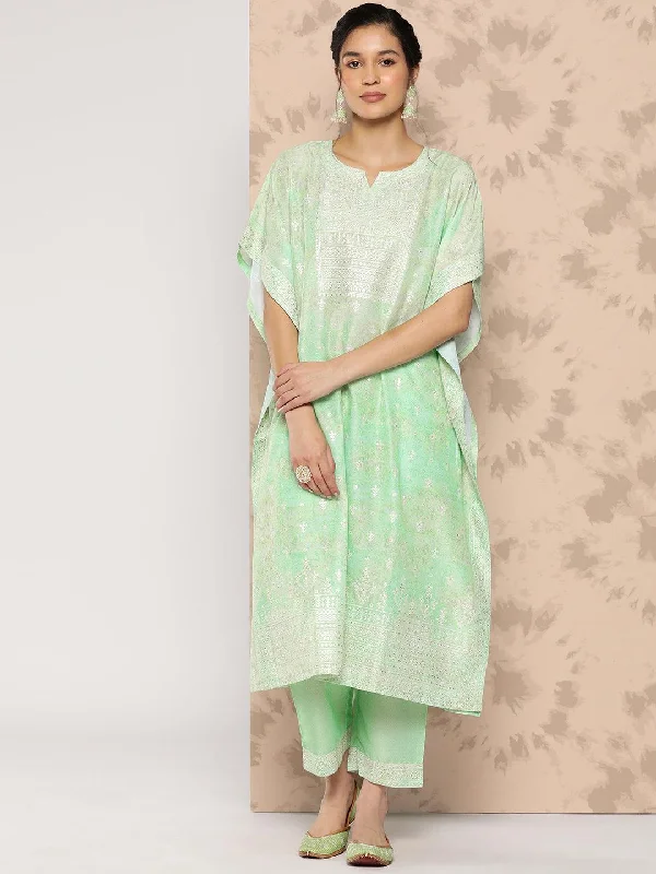 Green Printed Silk Blend Kaftan Kurta With Trousers