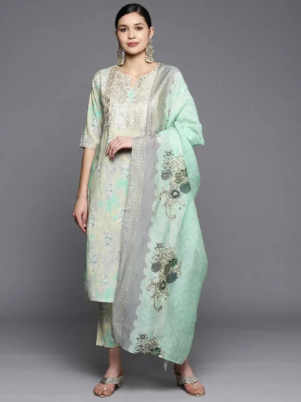 Green Yoke Design Silk Blend Straight Kurta With Trousers & Dupatta