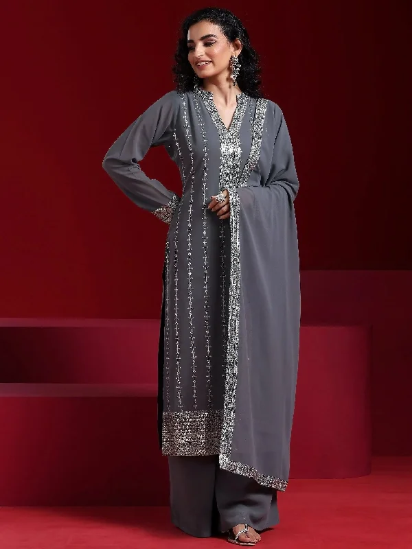 Grey Embroidered Georgette Straight Suit With Dupatta