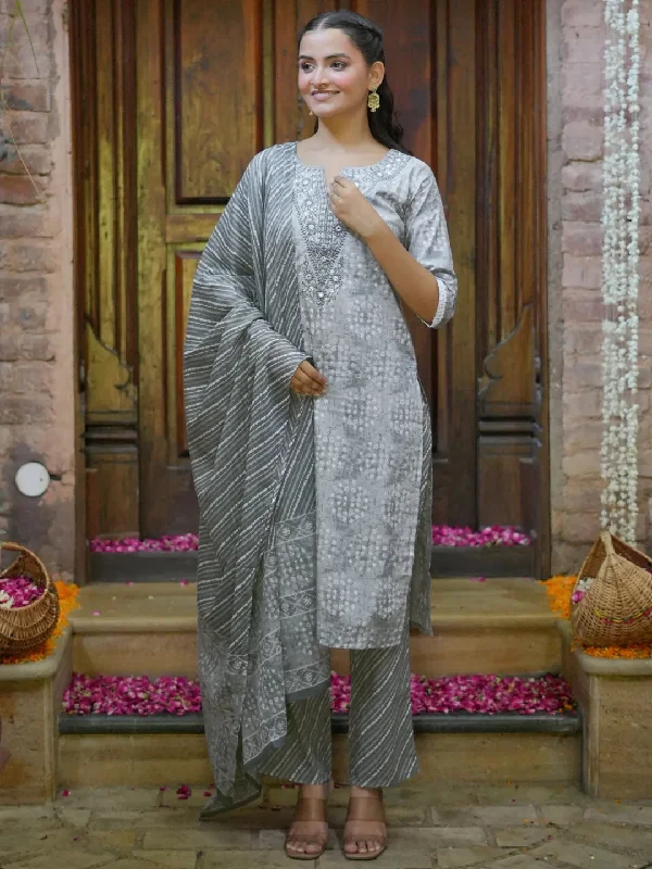 Grey Printed Cotton Straight Suit With Dupatta