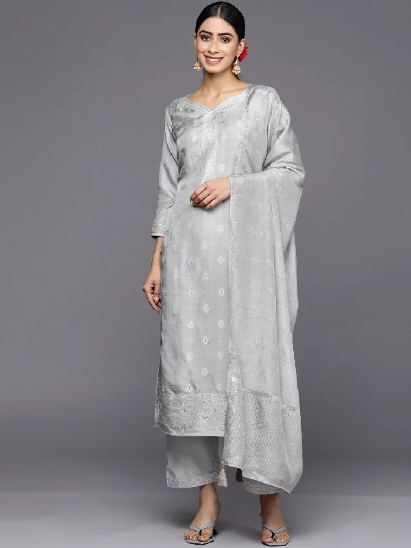 Grey Self Design Silk Blend Straight Kurta With Trousers & Dupatta