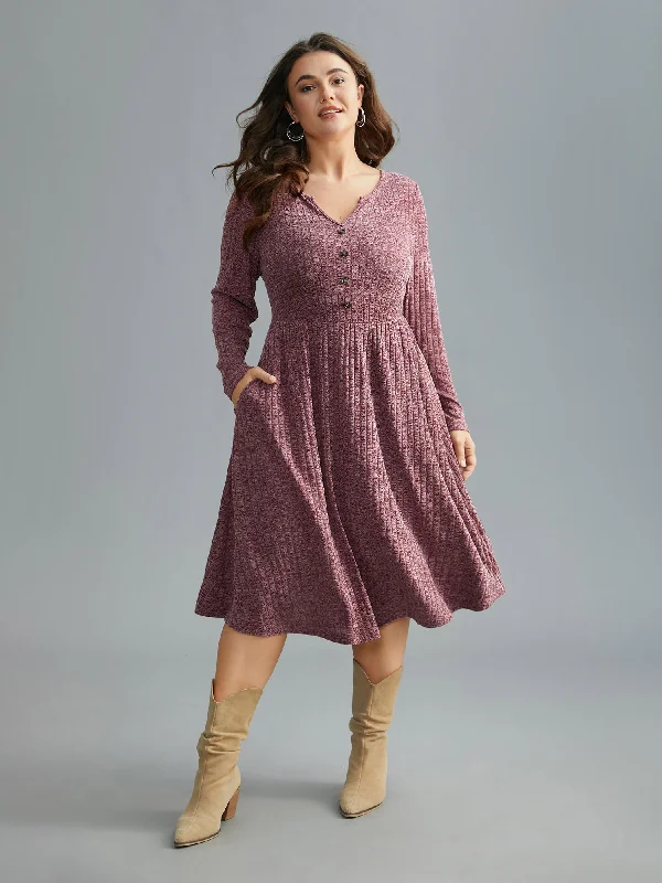 Knitted V-Neck Heather Button Detail Dress