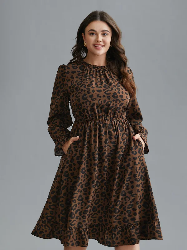 Leopard Print Ruffles Mock Neck Elastic Waist Dress