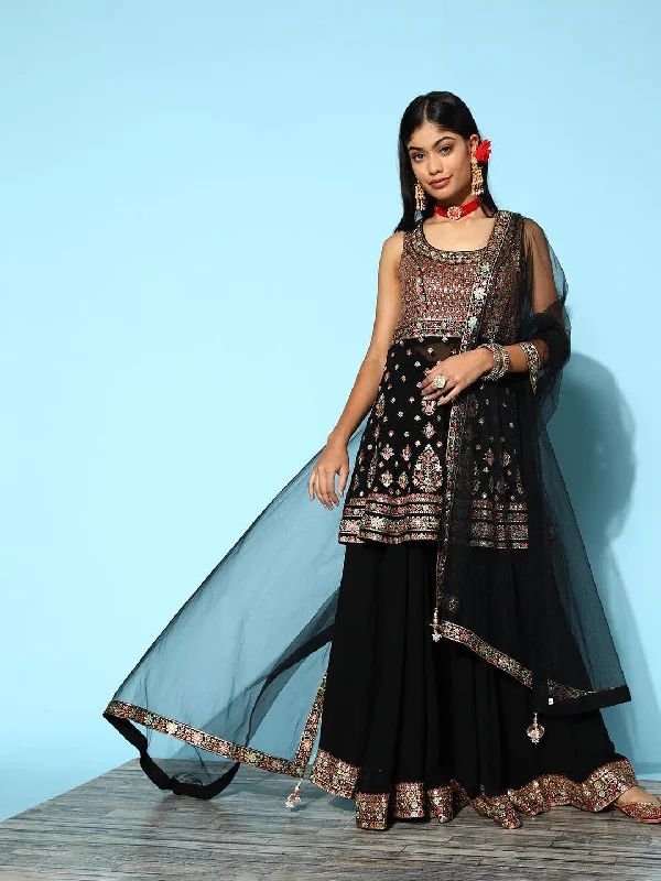 Libas Art Black Embroidered Georgette Peplum Suit Set With Palazzos