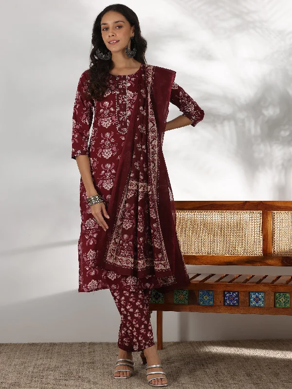 Maroon Printed Cotton Straight Suit With Dupatta